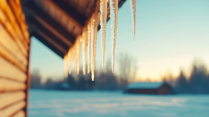 Wall Mural - Icicles hanging from the eaves of a rustic wooden cabin at sunset in winter, adding to the cozy atmosphere