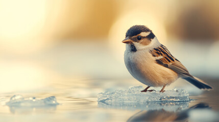 Wall Mural - small bird perched on a tiny ice floe surrounded by rippling water with a plain light gray-blue back