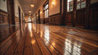 © ZhumaStudio - Vintage wooden corridor with elegant paneling and warm lighting.