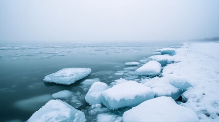 Wall Mural - ice floes covered with snow create a beautiful winter scene on a foggy day, ideal for projects relat
