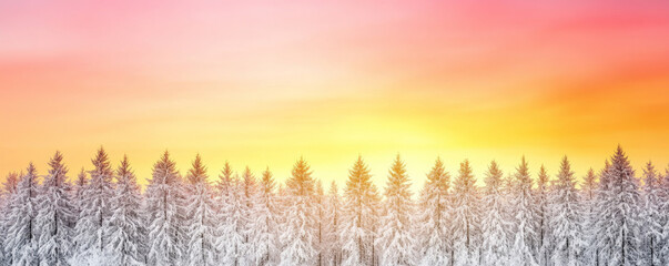 Wall Mural - snow-covered pine trees against a stunning pink and orange sunset sky in a majestic winter landscape