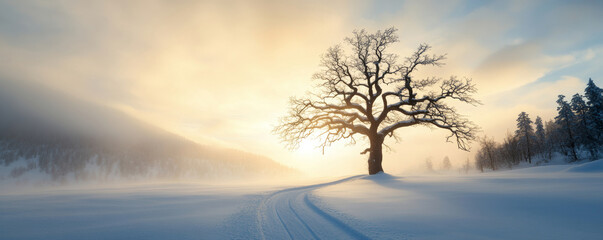 Wall Mural - winding snow road at sunset passing near a big oak in a frozen forest creating a magical winter wond