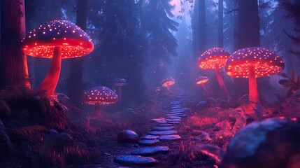 Canvas Print - Glowing Mushrooms Enchant a Mystical Forest Path