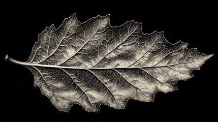 Sticker - Single leaf, detailed veins, monochrome, dark background.