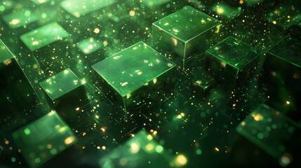 Wall Mural - green background with geometric squares and rectangular blocks, forming an abstract pattern, represe