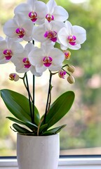 Wall Mural - Elegant orchid arrangement blooming with vibrant colors in a sunny indoor setting