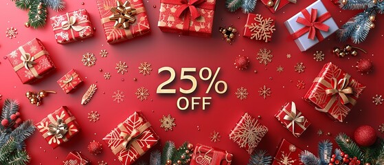 Fototapete - Festive shopping is occurring in this 3D winter scene consisting of snowflakes and presents over red setting with the words 25% OFF written in solid golden signs and space, Generative AI.