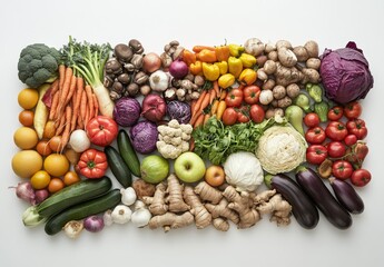 Wall Mural - Colorful assortment of fresh vegetables and fruits arranged on a white background.