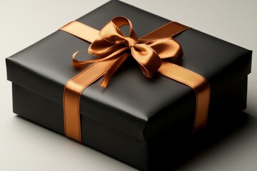 Wall Mural - Beautifully wrapped black gift box with golden ribbon sits elegantly on a table