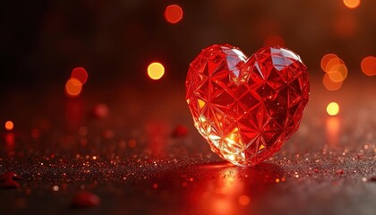 Wall Mural - Faceted crystal heart with a red glow, surrounded by soft bokeh lights, creating a warm and romantic atmosphere