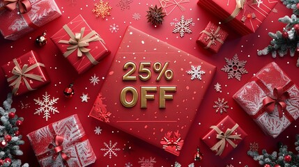 Fototapete - Festive shopping is occurring in this 3D winter scene consisting of snowflakes and presents over red setting with the words 25% OFF written in solid golden signs and space, Generative AI.