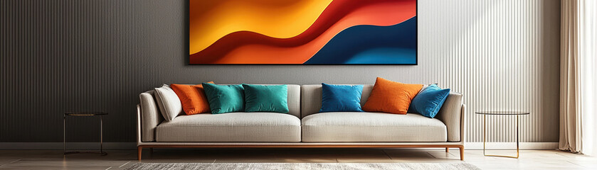Poster - Modern living room with stylish sofa and vibrant abstract art