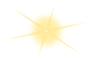 Gold shine star isolated. Light sparkle effect on transparent background. Sunlight with bright rays. Shining star. Light lens flare. PNG Spotlight. Light beam. Glow design elements