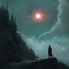 Canvas Print - Solitary Figure Under a Crimson Moon: A Mystical Landscape