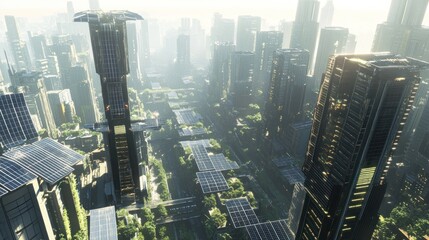  A city where all buildings are topped with advanced solar panels that power the entire metropolis. The city is bathed in sunlight, with sleek, modern architecture.