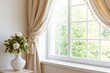© c80 - Fresh flowers in a vase next to a bright window with elegant curtains and a view of greenery outside