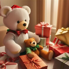 Wall Mural - A charming Christmas scene with teddy bears and wrapped gifts. Warm, bright, and joyful.