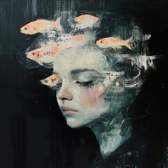 Poster - Surreal Portrait: Woman and Goldfish in a Dreamlike State