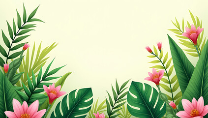 Poster - Vibrant tropical leaves on a soft pastel background create a stunning botanical design with lush green foliage and floral elements._00003_