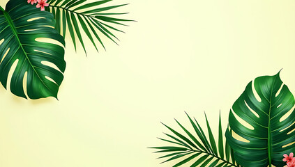 Poster - Vibrant tropical leaves on a soft pastel background create a stunning botanical design with lush green foliage and floral elements._00001_