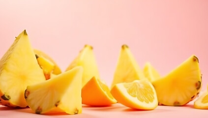 Poster - Vibrant pineapple chunks mingle with juicy orange slices against a soft, delicate pink pastel colored background._00002_