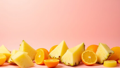 Poster - Vibrant pineapple chunks mingle with juicy orange slices against a soft, delicate pink pastel colored background._00001_