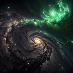 chaotic galaxy of dark matter and green glow.