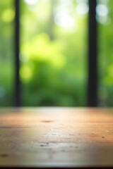 Poster - The wood table top blends with a blur of window glass and an abstract green from the garden background._00004_