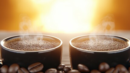 Two cups of coffee sitting on top of a pile of coffee beans