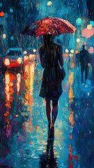 Canvas Print - Solitude in the Rain: A City Night Painting