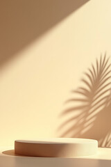 Aufkleber - The sandstone topped display platform features a tropical design with a shadow of a palm leaf on a beige pastel wall._00004_