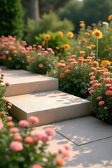 Poster - The product display platform showcases a top sandstone product amidst a vibrant flower garden in soothing colors._00003_