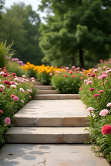 Poster - The product display platform showcases a top sandstone product amidst a vibrant flower garden in soothing colors._00002_