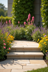Poster - The product display platform showcases a top sandstone product amidst a vibrant flower garden in soothing colors._00001_