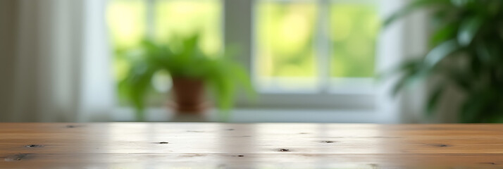 Poster - The empty wooden tabletop is reflected in a blurred window, with a vibrant green plant visible through the curtains._00004_