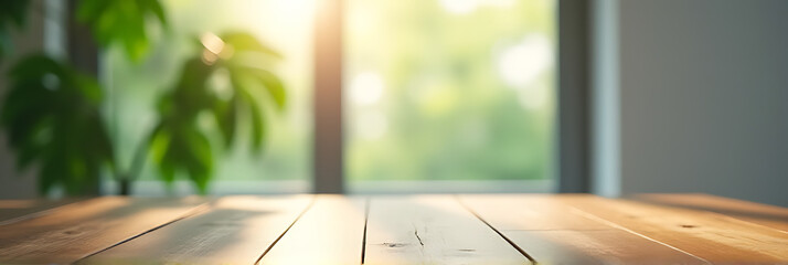 Poster - The empty wooden tabletop is reflected in a blurred window, with a vibrant green plant visible through the curtains._00003_