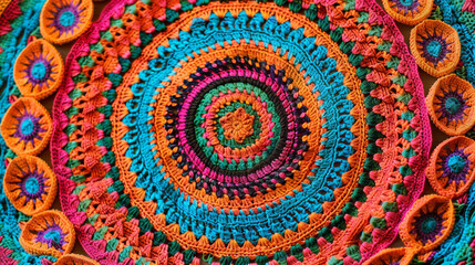 Wall Mural - A bold and vibrant bohemian crochet blanket with concentric circular patterns in vivid orange, turquoise, magenta, and lime green.