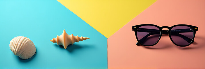 Poster - Sunglasses and a seashell sit together on a colorful background creating a visually appealing scene with contrasting textures._00002_