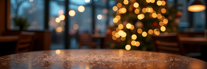 Aufkleber - Snowflakes gently fall onto an empty wooden table at a quiet cafe near a Christmas tree lit up for winter nights._00002_