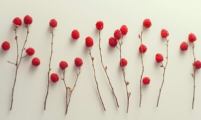 Poster - Red Raspberries on Bare Branches Arranged on White