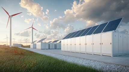 Poster - Conceptual Future Energy Storage Technology with Solar Panels and Wind Turbines in Scenic Landscape