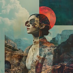 Canvas Print - Collage Portrait: Woman in Sunglasses Against Mountain Landscape