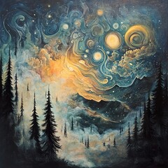 Canvas Print - Cosmic Dreamscape: A Mystical Night in the Mountains