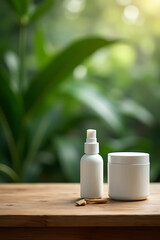 Aufkleber - Product display features a wooden table and counter on a blurred tropical leaf background in a natural setting._00003_