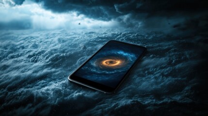 Poster - A tornado warning alert displayed on a smartphone against a stormy background.
