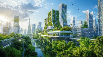 Poster - Futuristic Sustainable Cityscape Featuring Green Architecture and Lush Urban Environments