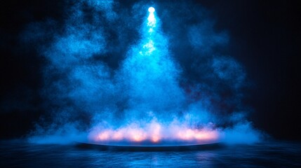 Wall Mural - A stage spotlight with bright blue light on a dark smoke-filled background symbolizing performance concept