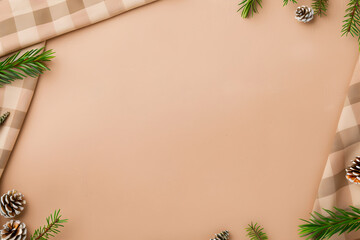 Wall Mural - elegant beige new year's background with new year's checkered tablecloth and fir branches. illustrat