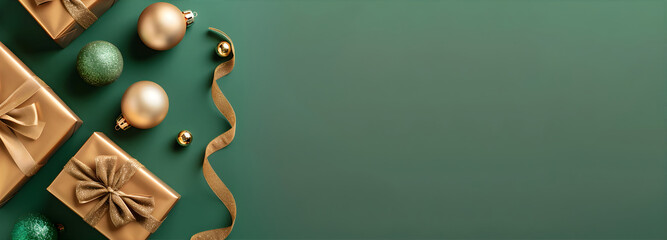 Wall Mural - festive banner on dark green background made of chritmas gift boxes, balls and ribbons. copy space. 