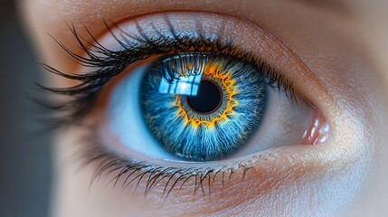 Close-up photo of a human eye with blue iris on a light background, reflecting a concept of beauty and detail.